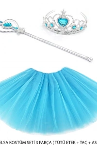 Mavi Prenses Elsa Kostüm Seti 3 Parça - Tütü Etek Taç Asa
