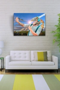 Mavi Tonlarda Dinazor Başlı Adam Resmi Kanvas Tablo 50 x 70