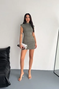 Mini Elbise Yarım Balıkçı Yaka Vücuda Oturan Şık Günlük Elbise - Mint Yeşili