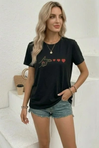 Minimal Kalp İşaret Baskılı Tişört Kısa Kol Yazlık T-Shirt - Siyah