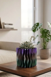 Modern Dalgalı Tasarımlı Mor 3D Dekoratif Vazo Ev Ofis Dekoru