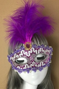Mor Dantel İşlemeli Mor Tüylü Balo Parti Maskesi
