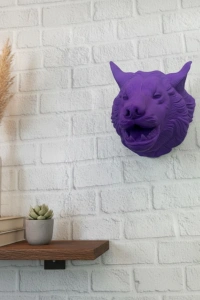 Mor Renk 3D Kurt Başı Duvar Dekoru Asılabilir Maskot Heykel 25x19 cm