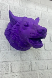 Mor Renk 3D Kurt Başı Duvar Dekoru Asılabilir Maskot Heykel 25x19 cm