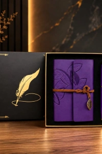 Mor Yaprak Desenli Deri Defter - Roller Metal Kalem - Özel Hediye Seti