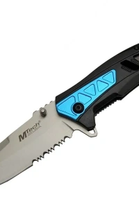 Mtech 4193 Mavi Kamp Çakı 21cm - Yarı Otomatik, Kemerlikli, Testere Detaylı, Desenli Sap