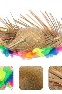 Natural Renkli Püsküllü Örme Hasır Hawaii Şapka