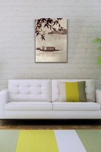 Nehirdeki Çinli Kayıkçı Suluboya Kanvas Tablo 50 x 70