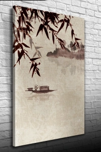 Nehirdeki Çinli Kayıkçı Suluboya Kanvas Tablo 50 x 70