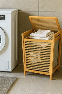 Orta Boy Ahşap Bambu Kirli Sepeti 40x35x60