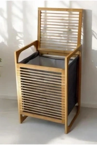 Orta Boy Ahşap Bambu Kirli Sepeti 40x35x60