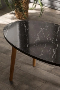 Orta Sehpa Ahşap Torna Elips Siyah Mermer Desen