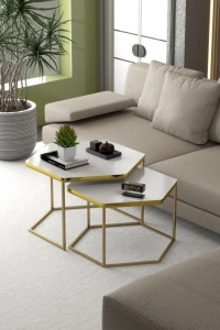 Orta Sehpa Altıgen İkili Lüx Gold Beyaz