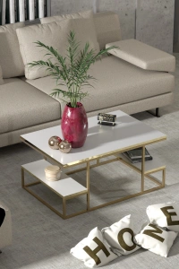 Orta Sehpa Delux Raflı Gold Beyaz