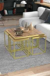 Orta Sehpa Ve Zigon Sehpa 5li Lüx Set Altın Ceviz