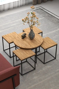 Orta Sehpa Ve Zigon Sehpa Oval Lüx 5Li Set Atlantik Çam