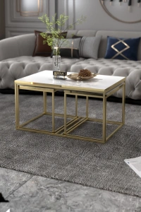 Orta Sehpa Ve Zigon Yan Sehpa Flora Set Gold Beyaz