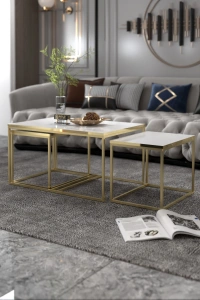 Orta Sehpa Ve Zigon Yan Sehpa Flora Set Gold Beyaz