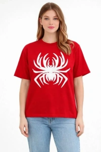 Örümcek Baskılı Tişört Kısa Kollu Bisiklet Yaka T-Shirt - Kırmızı