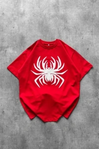 Örümcek Baskılı Tişört Kısa Kollu Bisiklet Yaka T-Shirt - Kırmızı