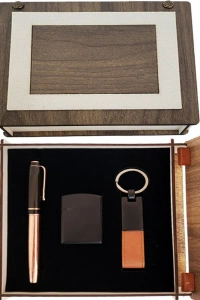 Özel Ahşap Kutulu Bakır Roller Kalem, Anahtarlık ve Çakmak Set