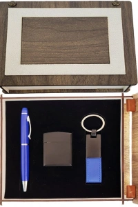 Özel Ahşap Kutulu Lacivert Kalem Anahtarlık ve Çakmak Set