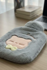 Papyonlu Kedi Figürlü Mavi Peluş Sıcak Su Torbası 1 Litre