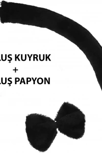 Peluş Siyah Renk Kuyruk ve Papyon Yetişkin Çocuk Uyumlu