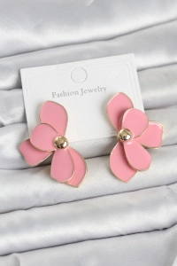 Pembe Mineli Lotus Model Pirinç Kadın Küpe