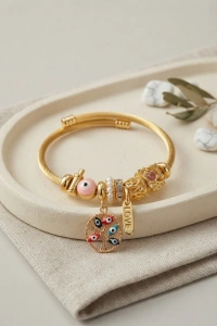 Pembe Nazar Detaylı Ağaç Charmlı Bileklik
