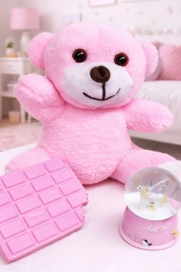 Pembe Peluş Ayıcık, Kar Küresi Ve Pembe Çikolata Not Defteri Hediye Seti
