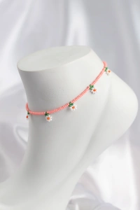 Pembe Renk Boncuklu Papatya Motifli Halhal