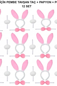 Pembe Tavşan Kostüm Seti – Taç, Papyon, Ponpon (12’li Paket)
