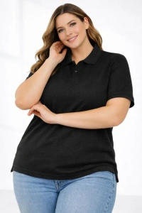 Pike Kumaş Düğmeli Yaka Battal Büyük Beden Günlük Kısa Kol Tişört T-shirt - Siyah