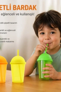 Pipetli Bardak - 450 ml - Şeffaf Renkli - Plastik