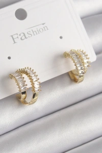 Pirinç Gold Renk 2Li Zirkon Taşlı Halka Model Kadın Küpe