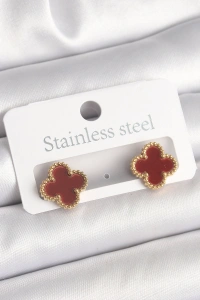 Pirinç Gold Renk Bordo Yonca Model Kadın Küpe