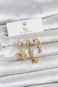 Pirinç Gold Renk Çiçek Model 3lü Kadın Küpe