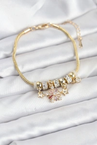 Pirinç Gold Renk Renkli Yıldız Charmlı Kadın Bileklik