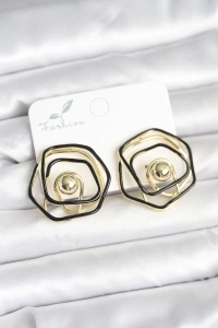 Pirinç Gold Renk Siyah Mineli Geometrik Gül Model Kadın Küpe