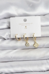 Pirinç Gold Renk Yonca Model 3lü Kadın Küpe Seti