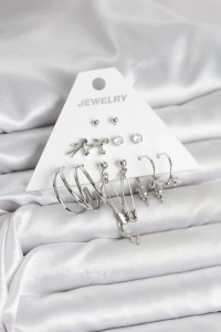 Pirinç Gümüş Renk 6lı Kadın Küpe Seti