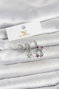 Pirinç Gümüş Renk Çiçek Model 3lü Kadın Küpe
