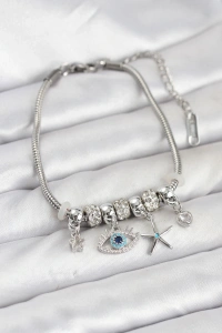 Pirinç Gümüş Renk Göz Model Charmlı Kadın Bileklik