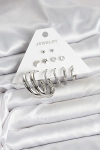 Pirinç Gümüş Renk Halka Modelli 6 Çift Kadın Küpe