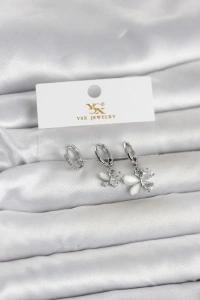 Pirinç Gümüş Renk Kelebek Model 3lü Kadın Küpe