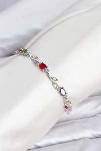 Pirinç Gümüş Renk Mix Renk Zirkon Taşlı Çiçek Model Kadın Bileklik