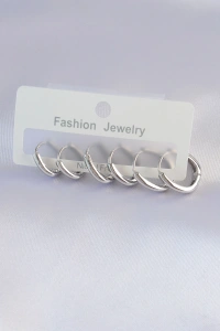 Pirinç Gümüş Renk Oval Küpe Seti