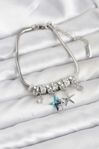 Pirinç Gümüş Renk Yıldız Model Charmlı Kadın Bileklik