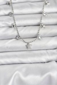 Pirinç Gümüş Renk Yıldız Model Kadın Kolye